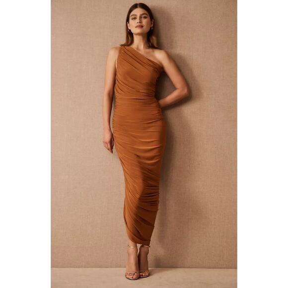 Norma Kamali Diana One Shoulder Midi Cocktail Dress Cinnamon Rust XL Orange - Picture 1 of 8